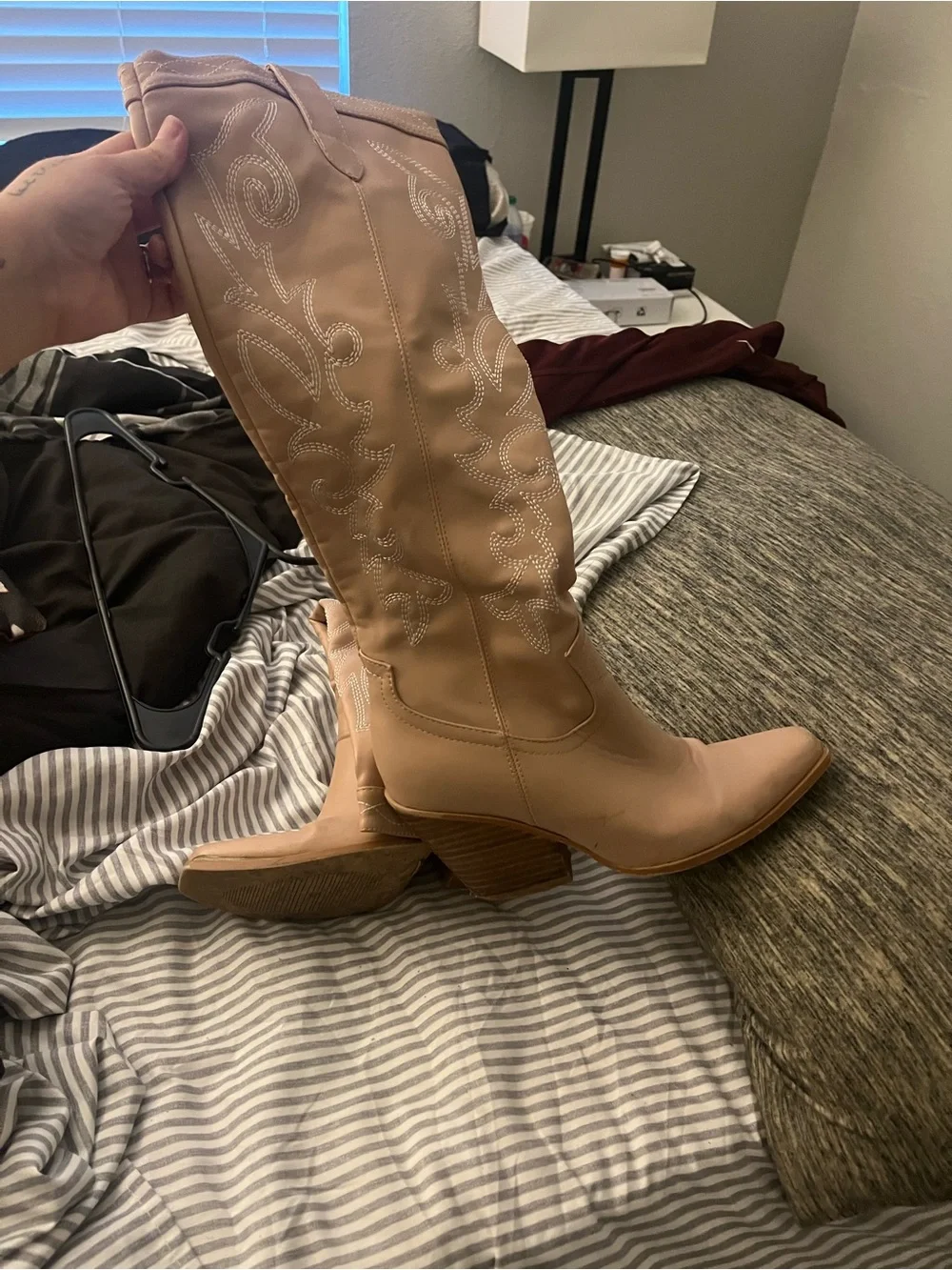 Beige Knee-High Western Boots - Women's Fashion Knee Boots